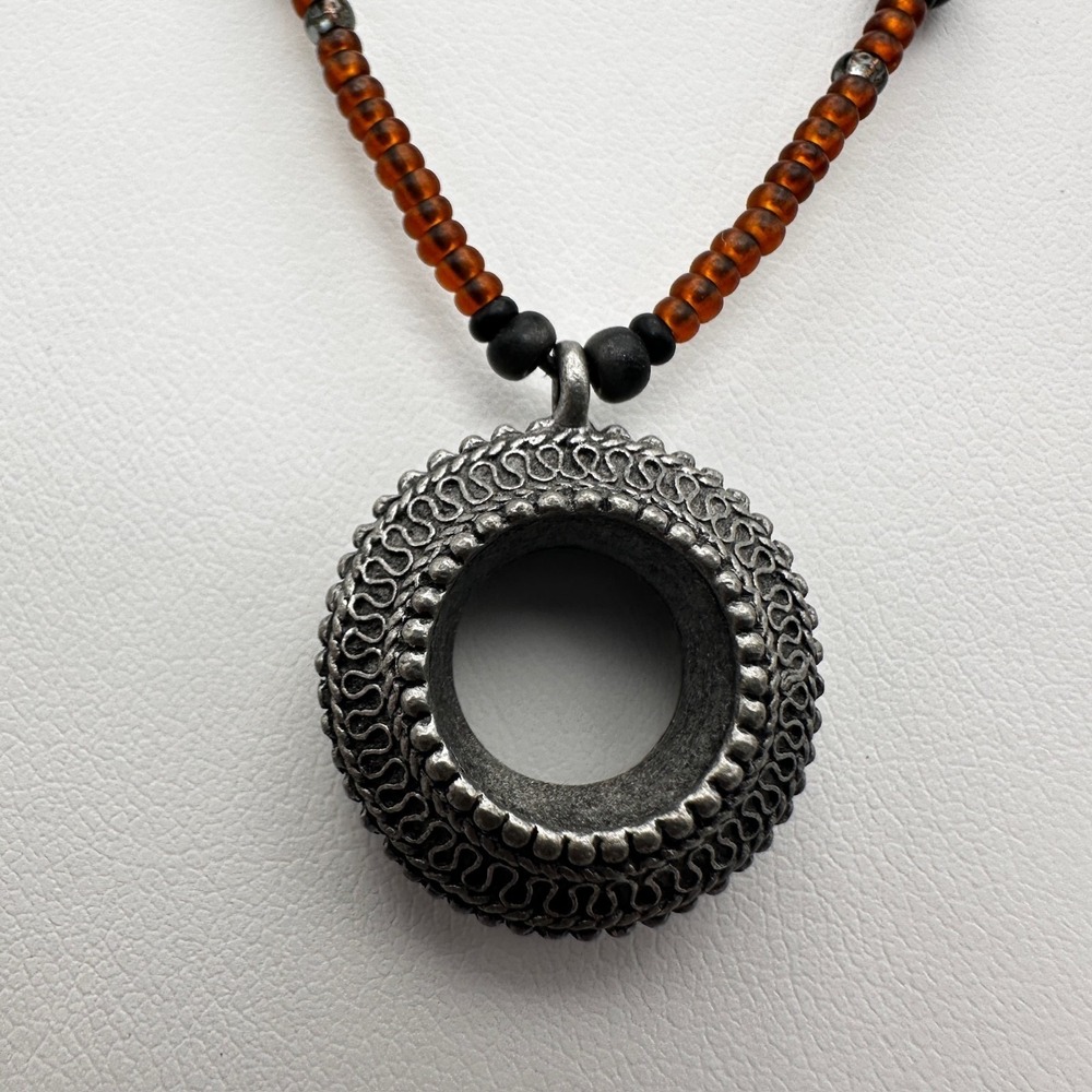 Vintage 90s Brown Amber Glass Bead Necklace Silver Tone Filigree Circle Pendant